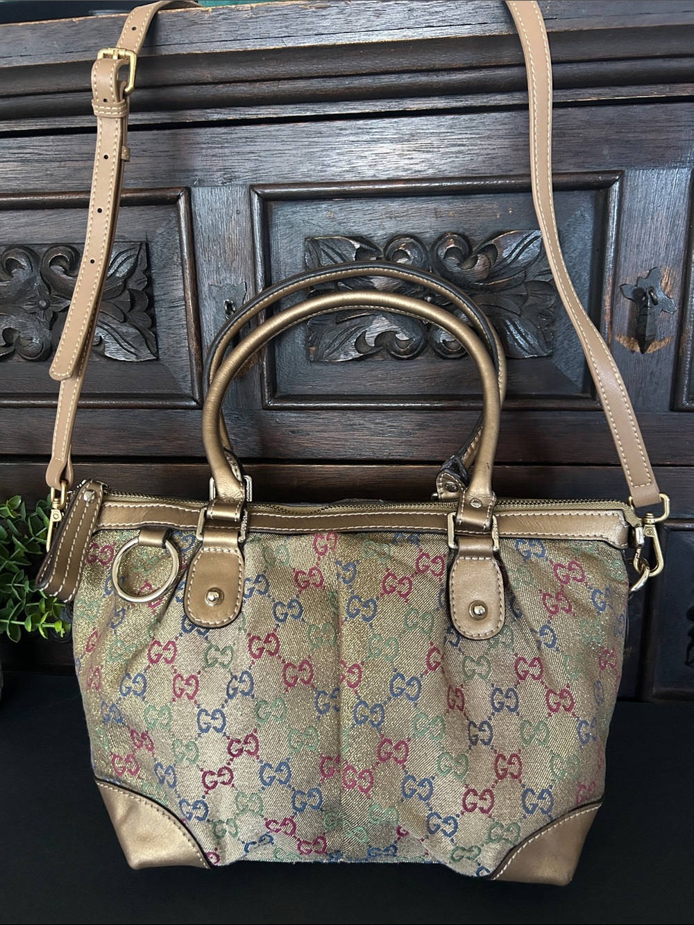 Beautiful Multicolor GG Canvas Shoulder Tote with Gold Trim and Tan Handles